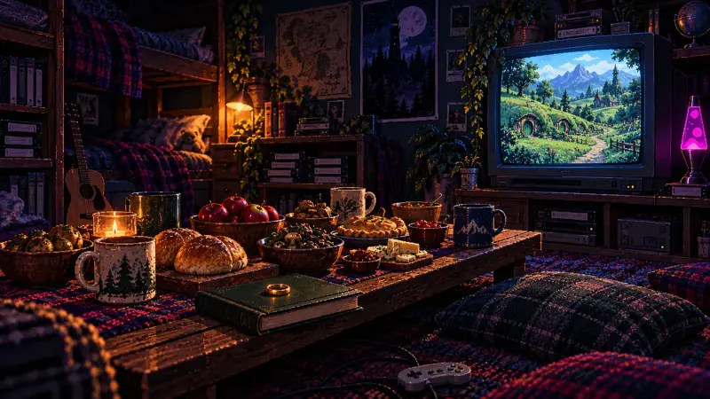 A Lord of the Rings Marathon with Seven Hobbit Meals Pixel-art movie-night feast with bread, mushrooms and mugs beside a CRT showing a green hillside village in a cozy retro bedroom.