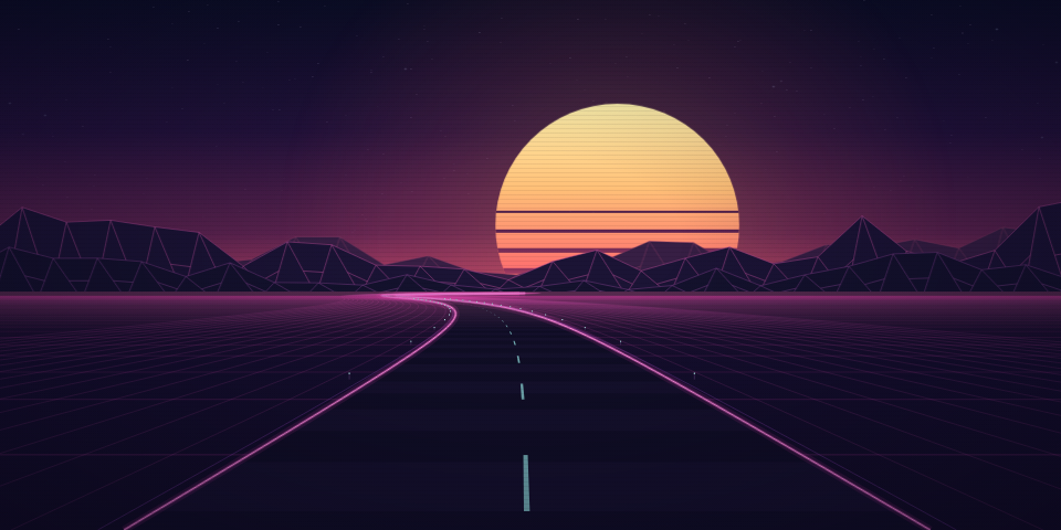 Neon Drive – synthwave highway A neon highway leading past purple wireframe mountains towards a striped sunset.
